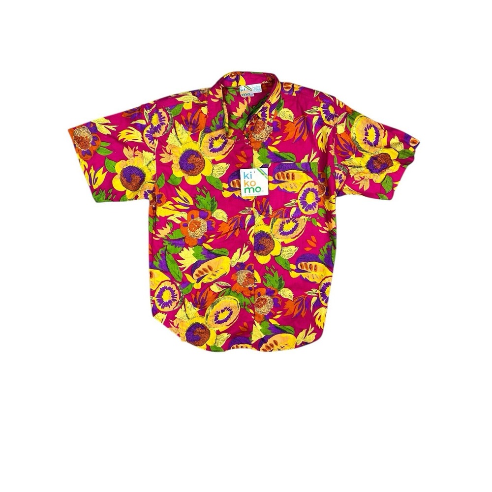 Kikomo Women's Size Large Button-up Floral Print Short Sleeve Cotton Top